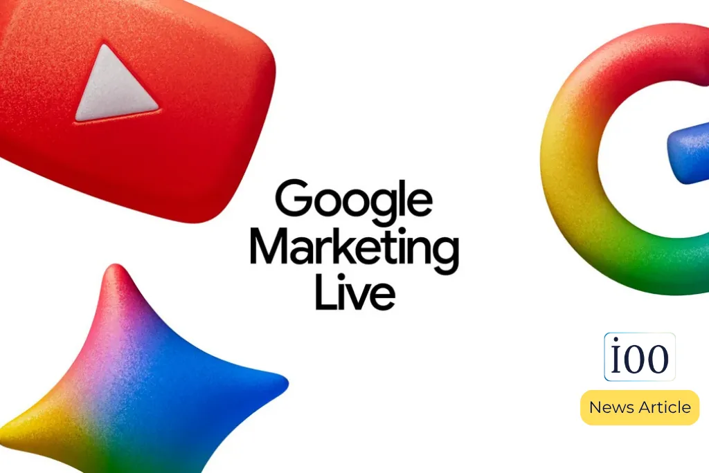 Official Google Marketing Live graphic featuring the YouTube logo, the colorful Google 'G' icon, and the multi-colored Google Gemini AI star symbol on a white background, co-branded with the i00 agency logo and a yellow 'News Article' badge.
