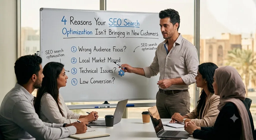 A professional team collaborating around a whiteboard discussing four key reasons why SEO search optimization isn't bringing in new customers.